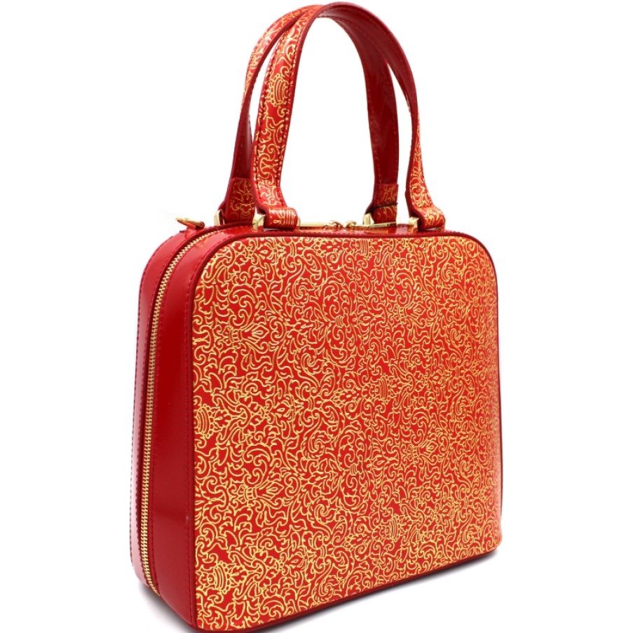 Borse Da Donna Gilda Tonelli | Gilda Tonelli Borsa In Pelle Rossa Con Ornamento Arabesco Dorato Made In Italy 4402