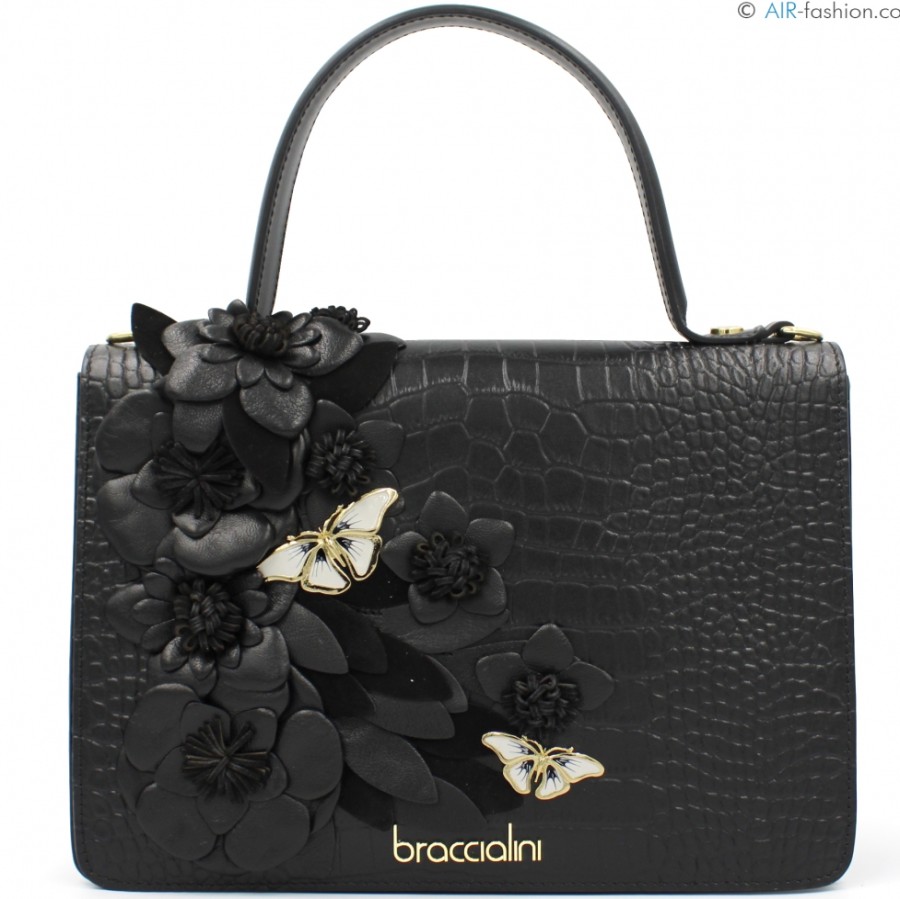 Borse Da Donna Braccialini | Braccialini Designer Borsa A Mano In Pelle Nera Con Fiori E Farfalle B17545-Pp-100-Uni