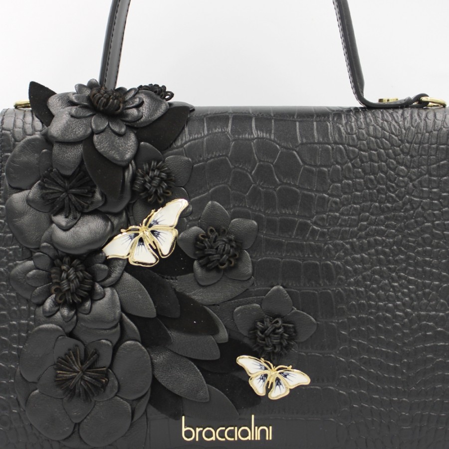 Borse Da Donna Braccialini | Braccialini Designer Borsa A Mano In Pelle Nera Con Fiori E Farfalle B17545-Pp-100-Uni