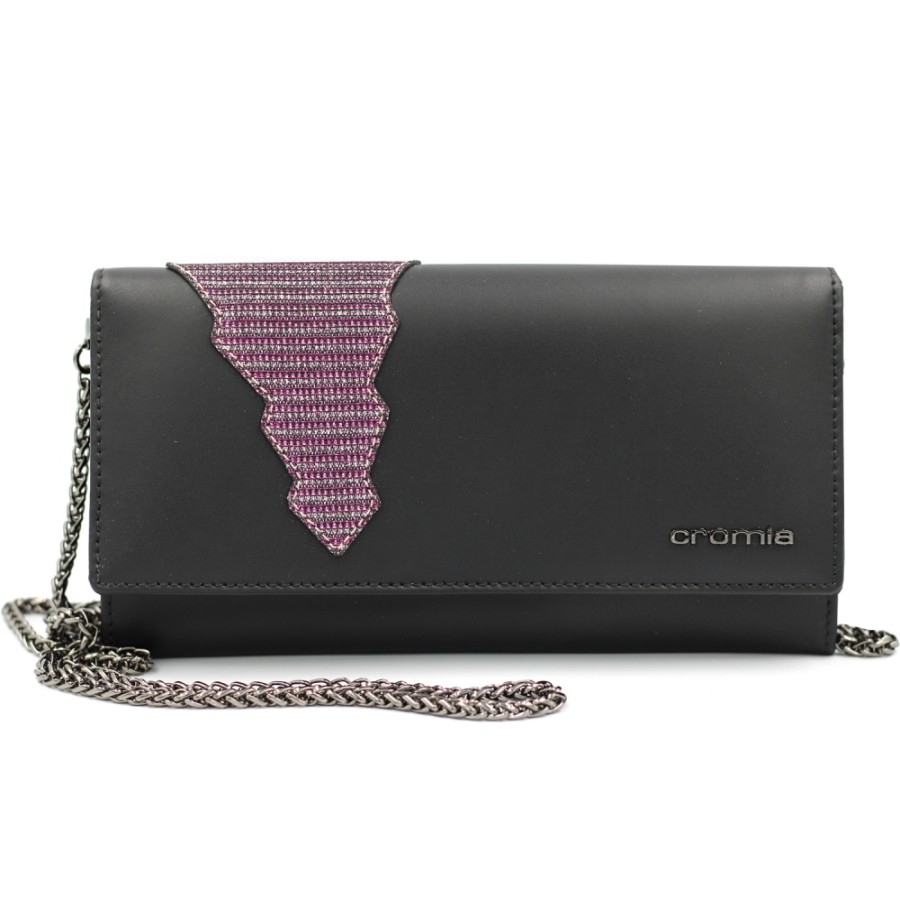 Borse Da Donna Cromia | Portafoglio Cromia Clutch Purse Con Tracolla A Catena In Pelle Nera Con Glitter Made In Italy 26D0879