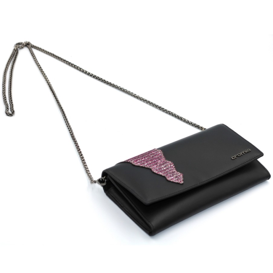 Borse Da Donna Cromia | Portafoglio Cromia Clutch Purse Con Tracolla A Catena In Pelle Nera Con Glitter Made In Italy 26D0879