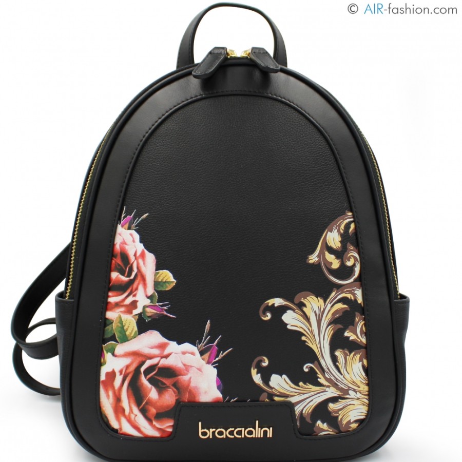 Borse Da Donna Braccialini | Braccialini Zaino In Pelle Nera Con Vignette E Decorazione Rose B17465-Yy-818-Uni