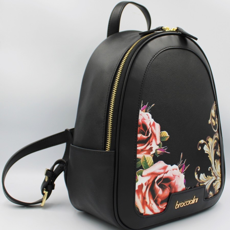 Borse Da Donna Braccialini | Braccialini Zaino In Pelle Nera Con Vignette E Decorazione Rose B17465-Yy-818-Uni