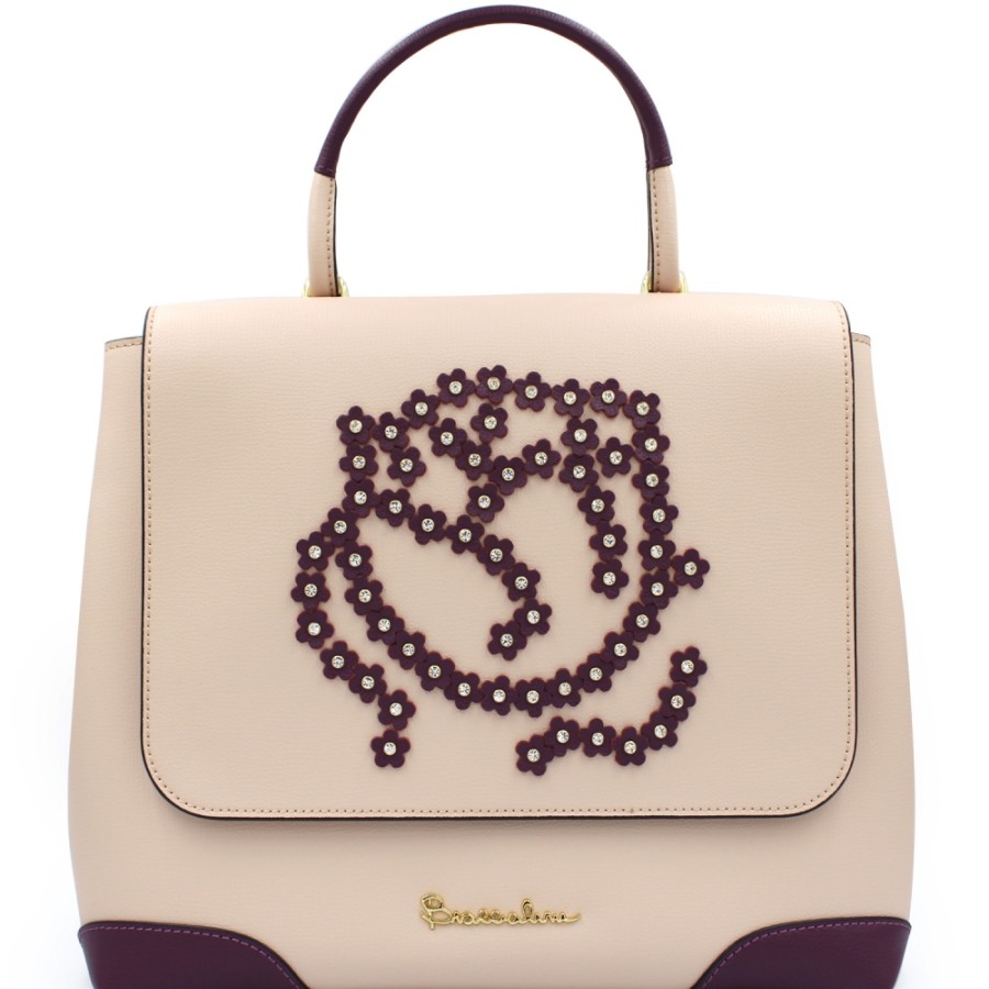 Borse Da Donna Braccialini | Braccialini Borsa A Tracolla In Pelle Rosa Moda Con Applicazione Di Rose B13452