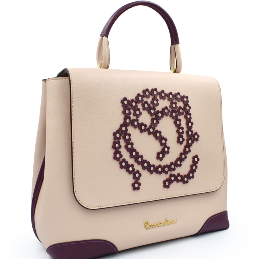 Borse Da Donna Braccialini | Braccialini Borsa A Tracolla In Pelle Rosa Moda Con Applicazione Di Rose B13452