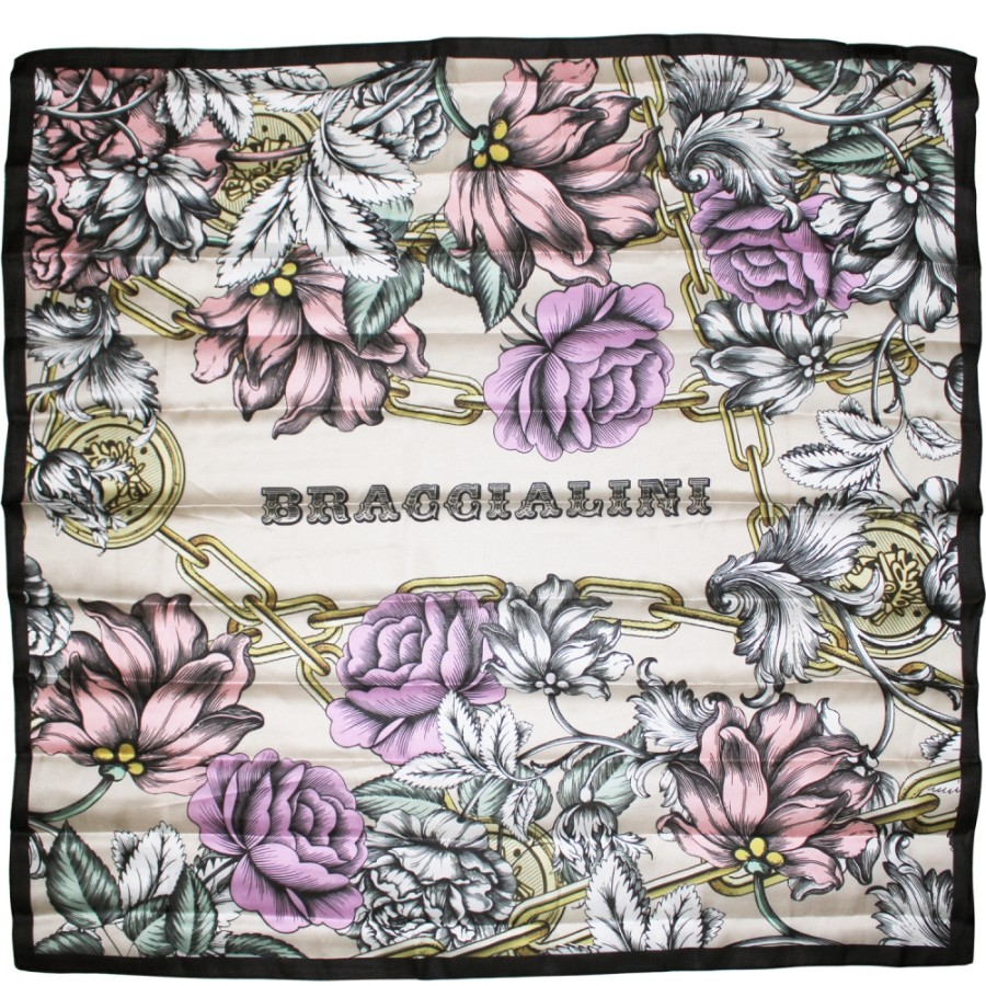 Abbigliamento Coordinato Da Donna Per Borse Braccialini | Braccialini Scialle Donna Beige Con Rose E Camelie, 90X90 Cm Bfr67