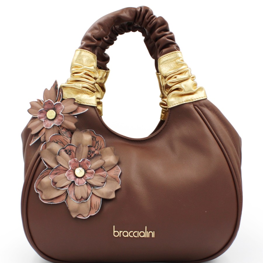 Borse Da Donna Braccialini | Braccialini Borsa Bauletto In Pelle Marrone Con Applicazione Di Fiori In Pelle Fatti A Mano B16962