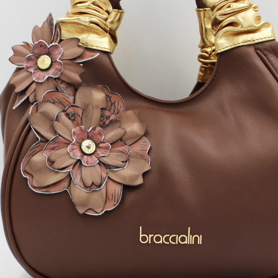 Borse Da Donna Braccialini | Braccialini Borsa Bauletto In Pelle Marrone Con Applicazione Di Fiori In Pelle Fatti A Mano B16962