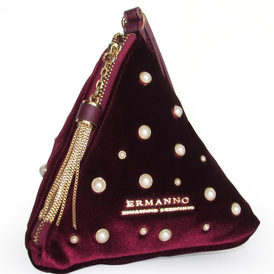 Borse Da Donna ERMANNO Ermanno Scervino | Ermanno Ermanno Scervino Borsa Da Polso Piramide In Velluto Bordeaux Con Applicazioni Di Perle 12400612Rosso