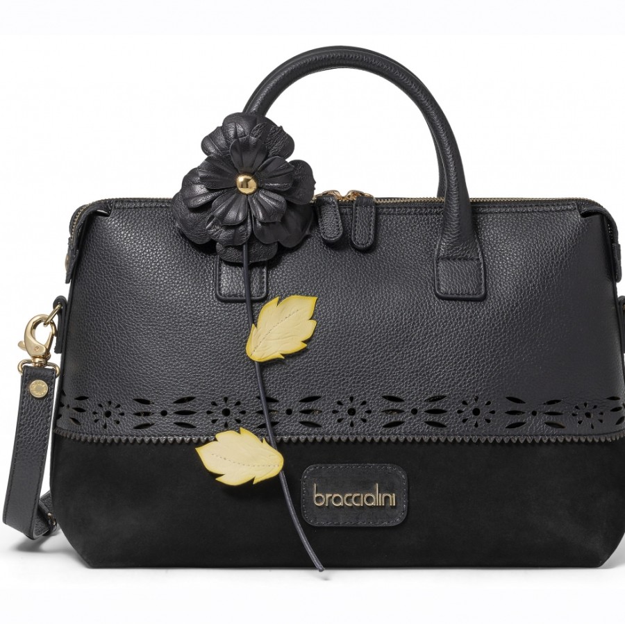 Borse Da Donna Braccialini | Braccialini Borsa In Pelle Nera Con Fiore Fatto A Mano, Made In Italy B16642-100