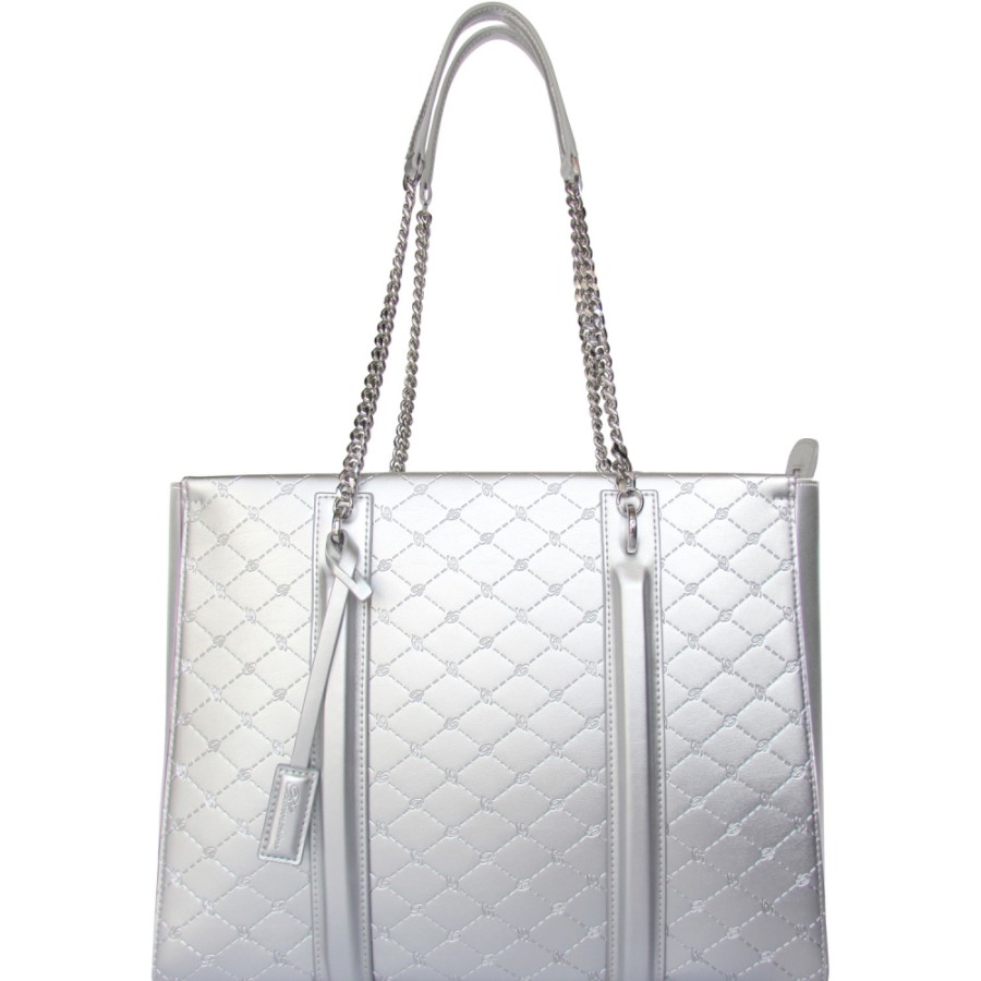 Borse Da Donna Blumarine | Borsa Shopper Da Donna Blumarine Signature In Pelle Argento B81Pwb300092