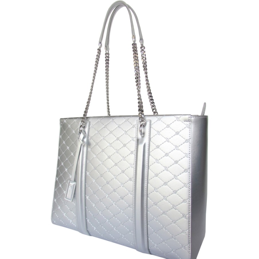 Borse Da Donna Blumarine | Borsa Shopper Da Donna Blumarine Signature In Pelle Argento B81Pwb300092