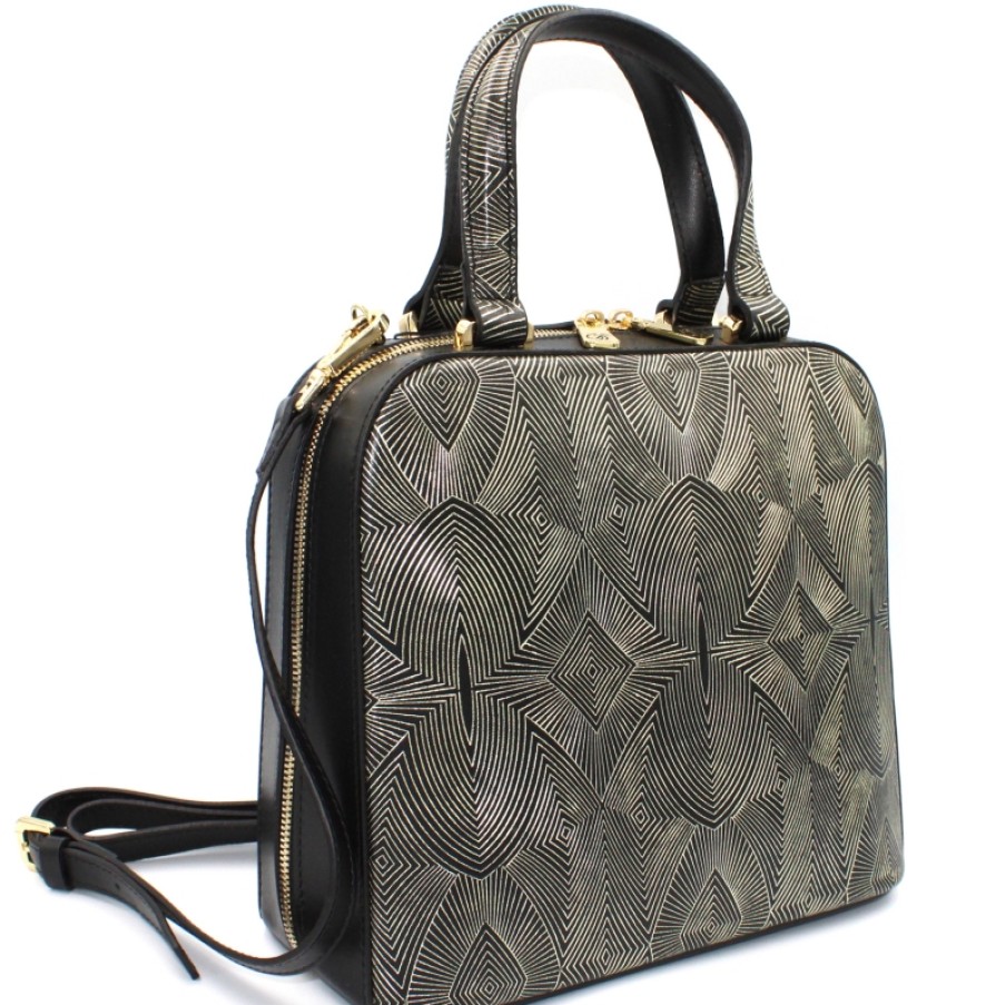 Borse Da Donna Gilda Tonelli | Borsa Gilda Tonelli Rettangolare In Pelle Nera Con Ornamento Dorato Made In Italy 4402