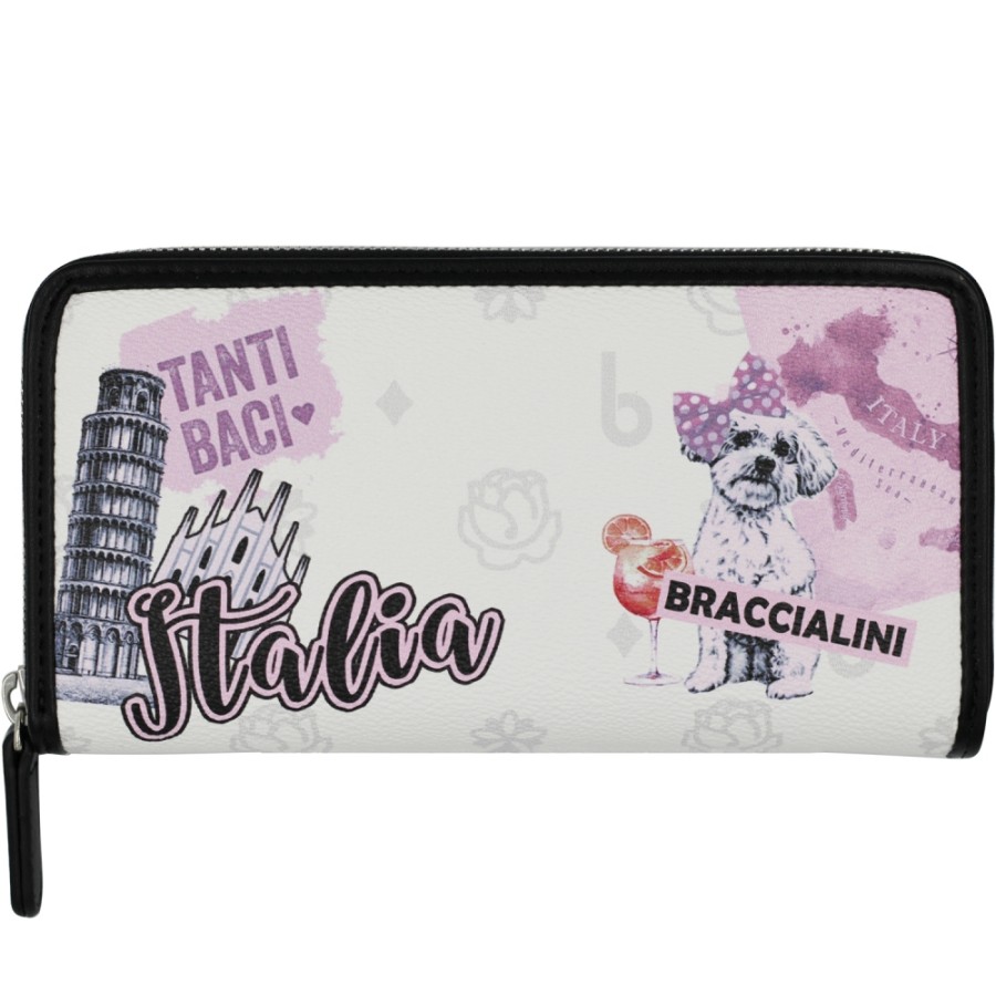 Accessori Da Donna Braccialini | Braccialini Portafoglio Grande Da Donna Bianco Con Zip, Tema Cartolina Italia B16410-Italia