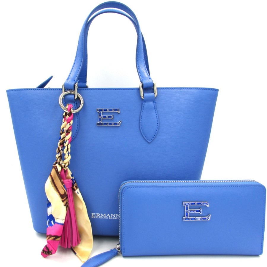 Borse Da Donna ERMANNO Ermanno Scervino | Ermanno Ermanno Scervino Borsa Shopper E Portafoglio In Pelle Blu Moda Donna Made In Italy 1240031012600086