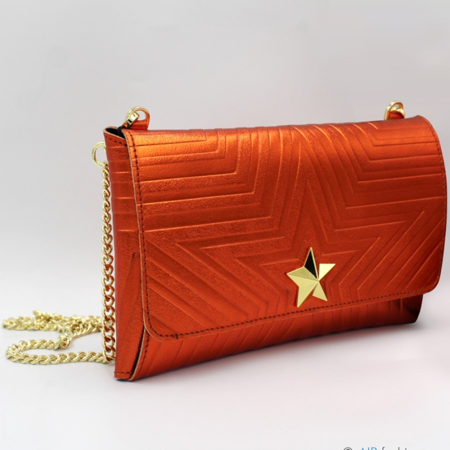 Borse Da Donna M*BRC | M*Brc Pochette In Pelle Metallizzata Arancione Con Tracolla A Catena F223_Arancio