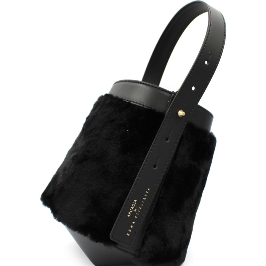 Borse Da Donna ARCADIA | Arcadia Borsa A Secchiello Alla Moda In Pelle Nera Ed Eco-Pelliccia Made In Italy 4698N