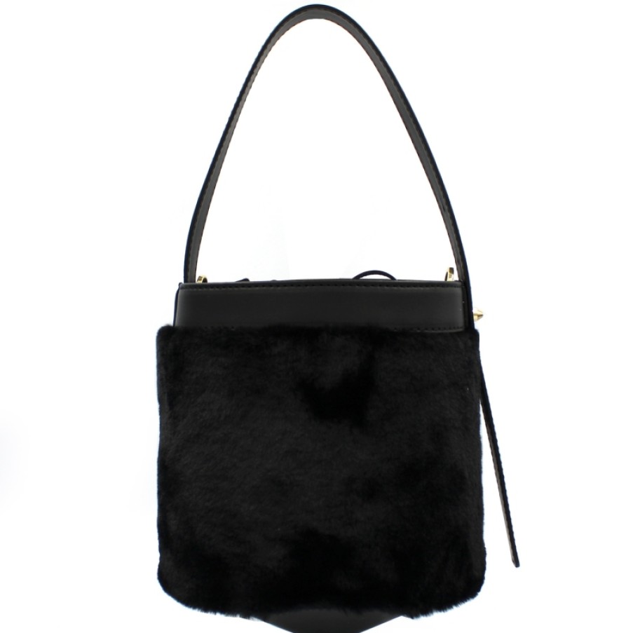 Borse Da Donna ARCADIA | Arcadia Borsa A Secchiello Alla Moda In Pelle Nera Ed Eco-Pelliccia Made In Italy 4698N