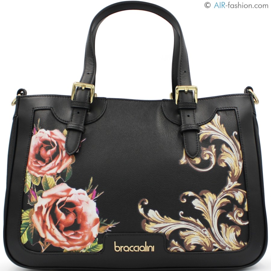 Borse Da Donna Braccialini | Braccialini Borsa In Pelle Nera Con Vignette E Decorazione Rose B17462-Yy-818-Uni