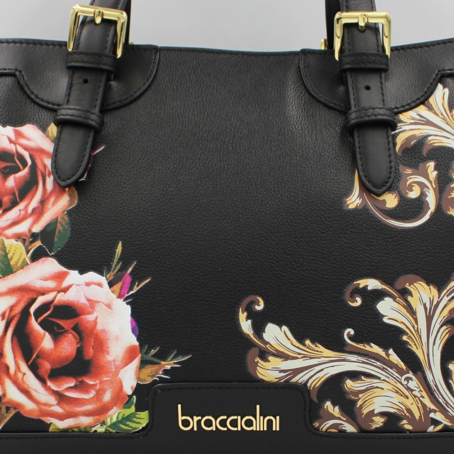 Borse Da Donna Braccialini | Braccialini Borsa In Pelle Nera Con Vignette E Decorazione Rose B17462-Yy-818-Uni