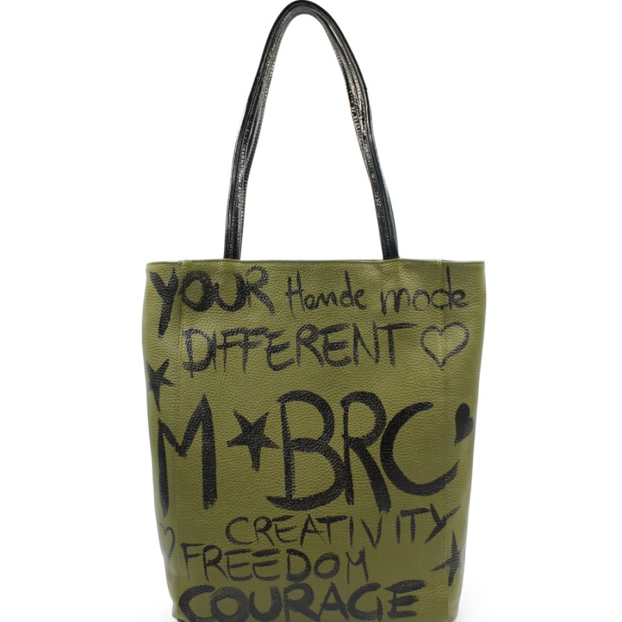 Borse Da Donna M*BRC | Borsa Shopper M*Brc In Pelle Verde Dipinta A Mano, Made In Italy F240_Ulivo