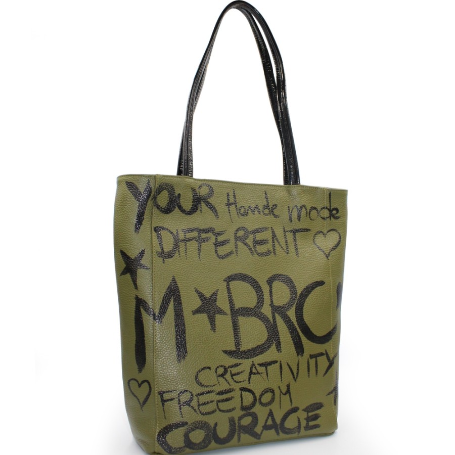 Borse Da Donna M*BRC | Borsa Shopper M*Brc In Pelle Verde Dipinta A Mano, Made In Italy F240_Ulivo