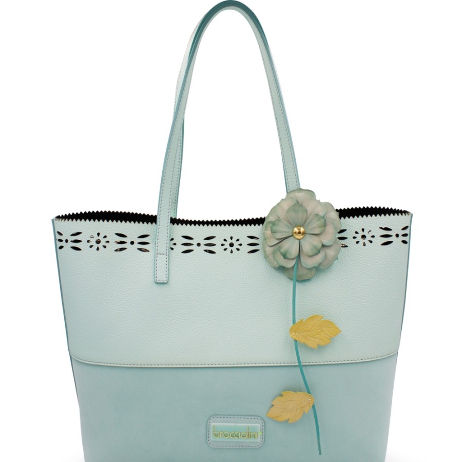 Borse Da Donna Braccialini | Braccialini Borsa Shopper In Pelle Azzurra Con Fiore E Bordi Traforati, Made In Italy B16641-204