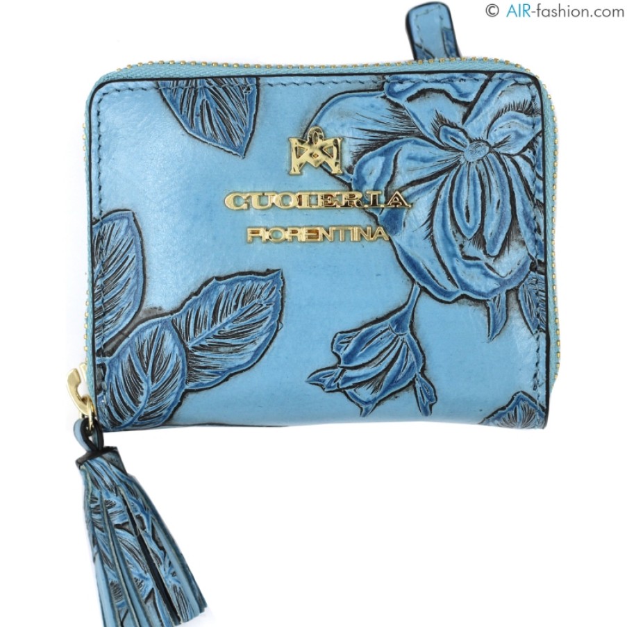 Accessori Da Donna Cuoieria Fiorentina | Portafoglio Piccolo Con Cerniera Cuoieria Fiorentina In Pelle Goffrata Blu Con Ornamento Floreale D1008