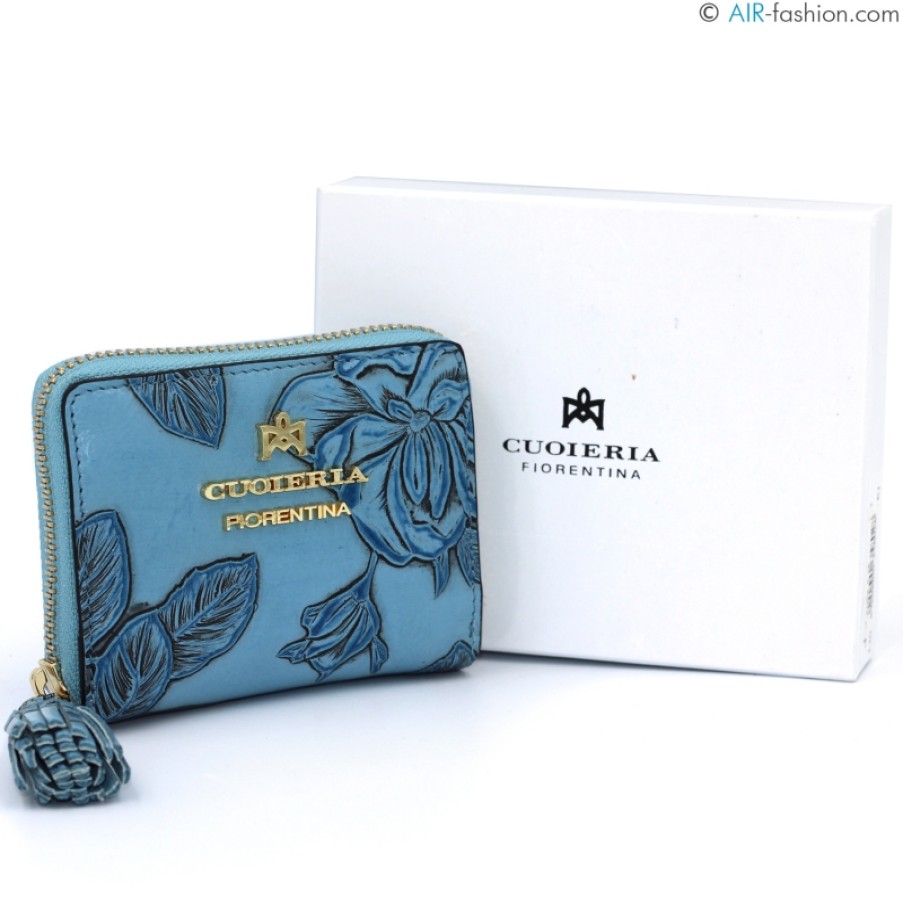 Accessori Da Donna Cuoieria Fiorentina | Portafoglio Piccolo Con Cerniera Cuoieria Fiorentina In Pelle Goffrata Blu Con Ornamento Floreale D1008