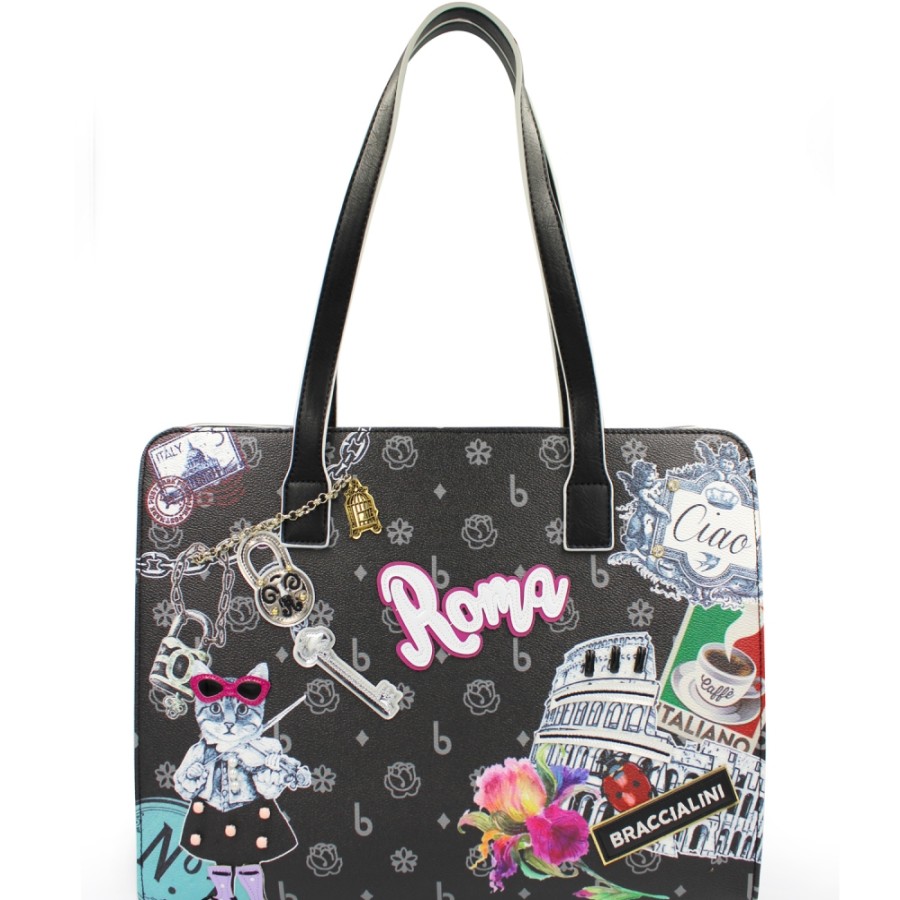 Borse Da Donna Braccialini | Borsa Shopper Nera Braccialini Con Applicazione, Tema: Attrazioni Turistiche Di Roma B16116