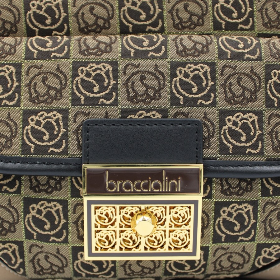 Borse Da Donna Braccialini | Zaino Braccialini In Tessuto Jacquard Con Fantasia Rose Intrecciate, Marrone Con Oro B14457