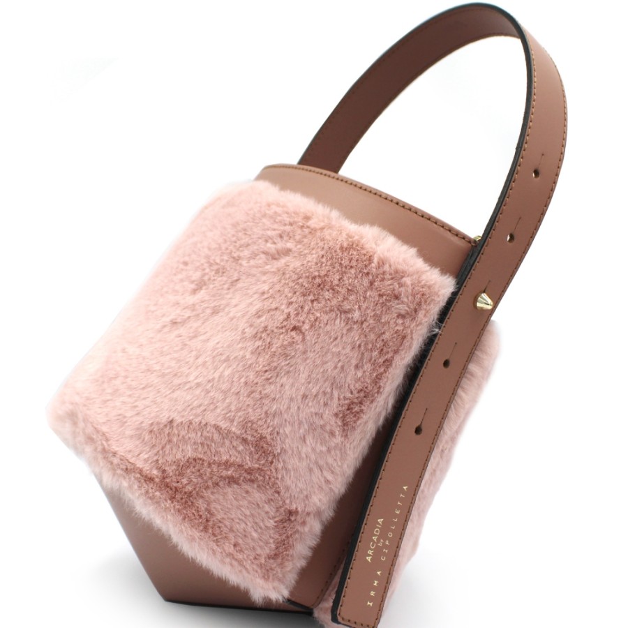 Borse Da Donna ARCADIA | Arcadia Glamorous Borsa A Secchiello Rosa In Pelle Ed Eco-Pelliccia Made In Italy 4698R