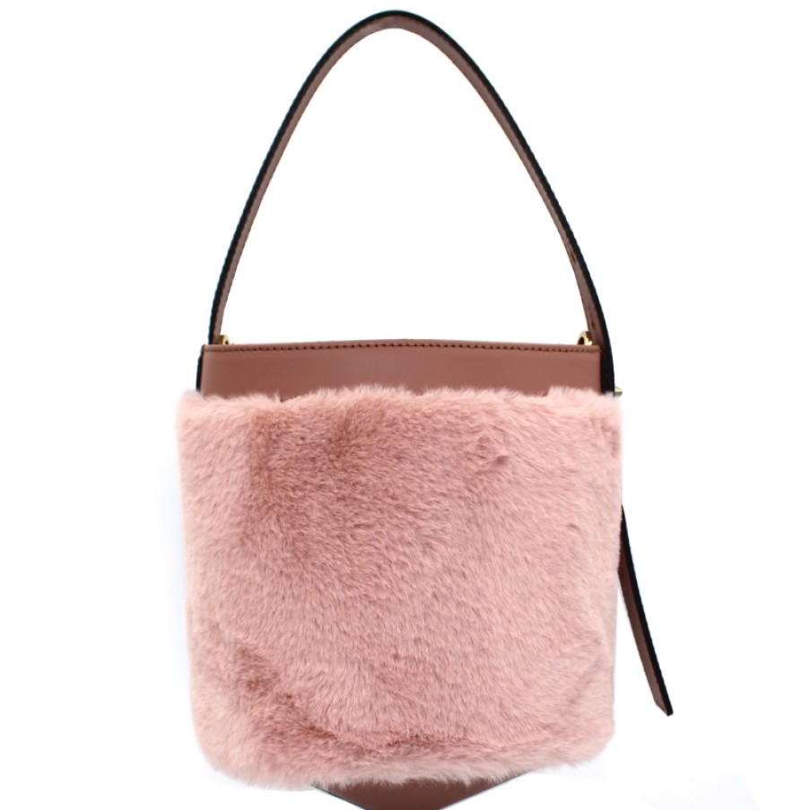 Borse Da Donna ARCADIA | Arcadia Glamorous Borsa A Secchiello Rosa In Pelle Ed Eco-Pelliccia Made In Italy 4698R