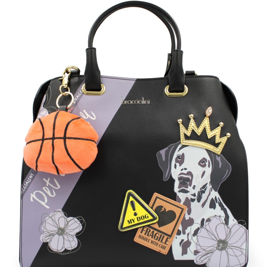 Borse Da Donna Braccialini | Braccialini Borsa Nera Con Illustrazioni Di Cani E Peluche Ciondolo Palla Da Basket B16881